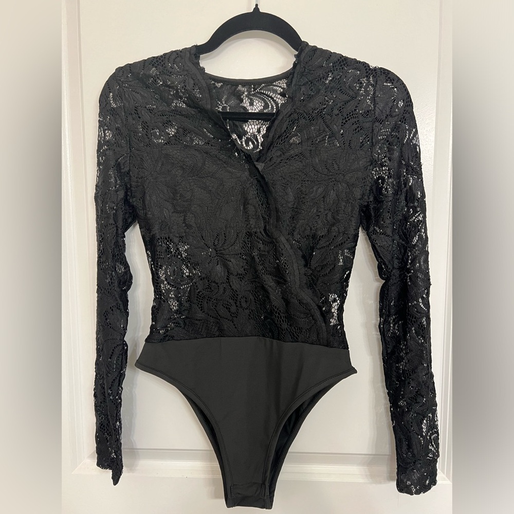 Sexy Long Sleeve Black Lace Bodysuit S
